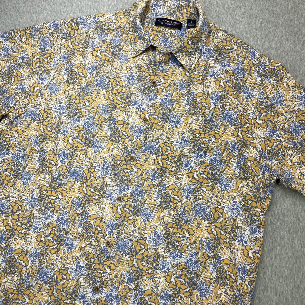 Roundtree & Yorke Mens Large Floral Button Down Shirt Yellow Blue Modal Blend